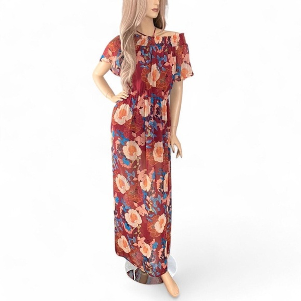 Y2K‎ Burgundy Floral Maxi Dress S Ruffle Off Shoulder Flutter Sleeve